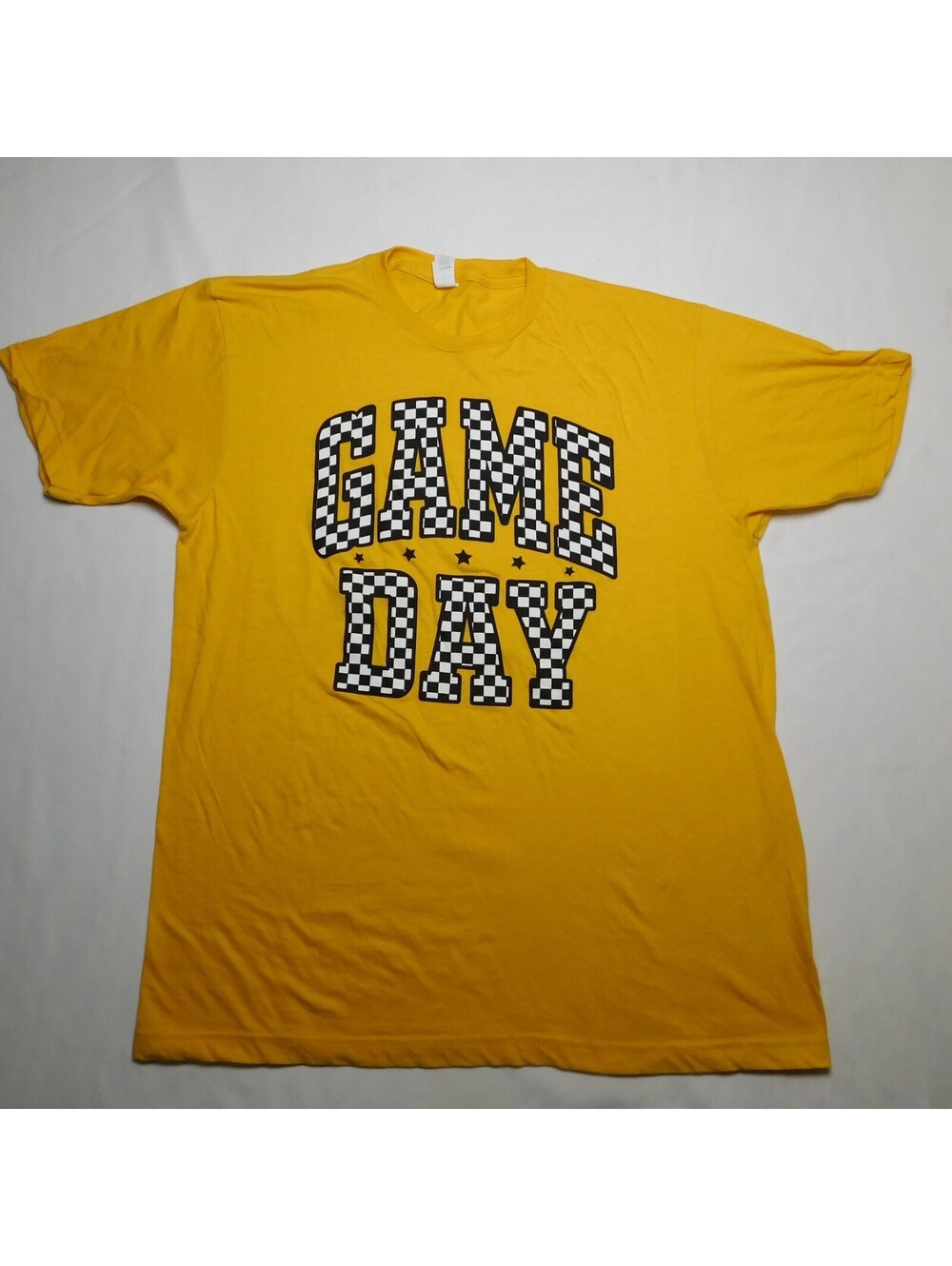 Tultex Game Day Graphic T-Shirt Mens Large Yellow Checkered Block Letters Casual